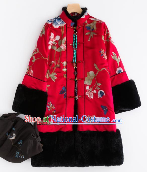 Chinese Traditional Tang Suit Red Cotton Padded Coat National Costume Upper Outer Garment for Women