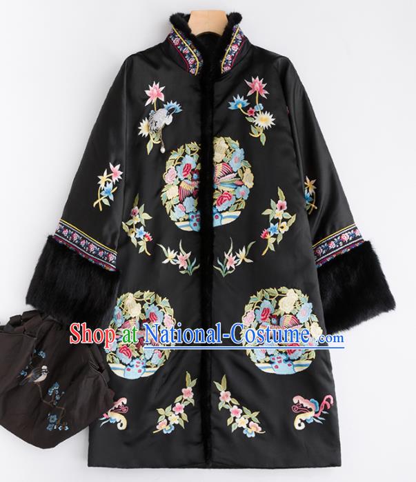 Chinese Traditional Tang Suit Black Cotton Padded Coat National Costume Upper Outer Garment for Women