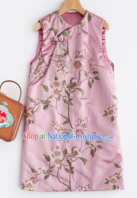 Traditional Chinese National Costume Tang Suit Pink Cotton Padded Waistcoat for Women