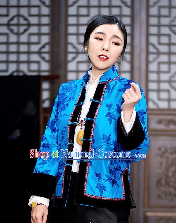 Chinese Traditional Tang Suit Blue Cotton Padded Jacket National Costume Outer Garment for Women