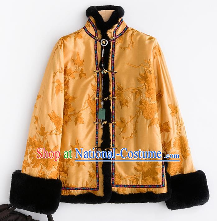 Chinese Traditional Tang Suit Golden Cotton Padded Jacket National Costume Outer Garment for Women