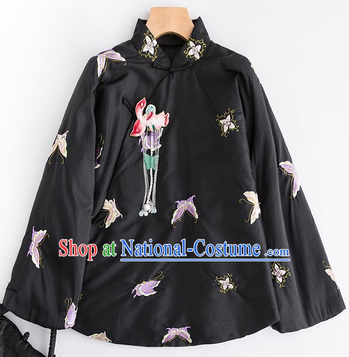 Chinese Traditional Tang Suit Embroidered Butterfly Black Cotton Padded Jacket National Costume Outer Garment for Women