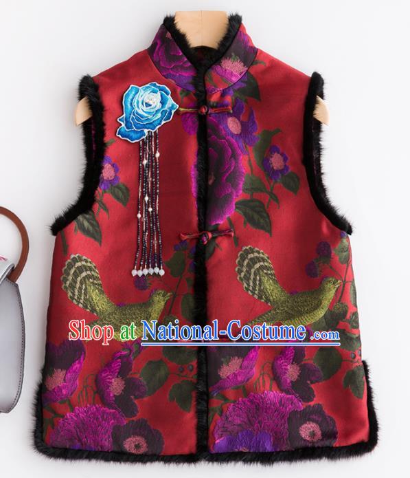 Traditional Chinese National Costume Tang Suit Red Suede Fabric Waistcoat for Women