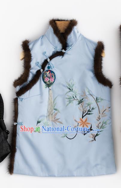 Traditional Chinese National Costume Tang Suit Embroidered Blue Brocade Waistcoat for Women