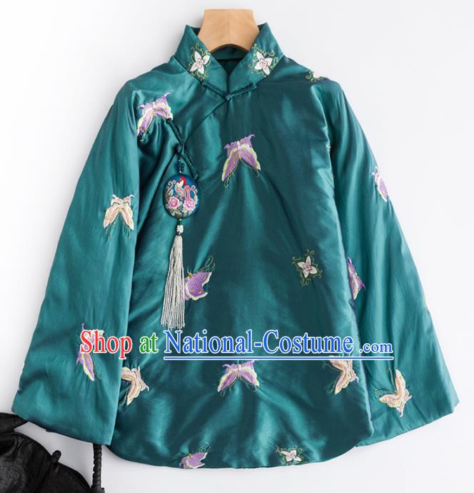 Chinese Traditional Tang Suit Embroidered Butterfly Green Cotton Padded Jacket National Costume Outer Garment for Women