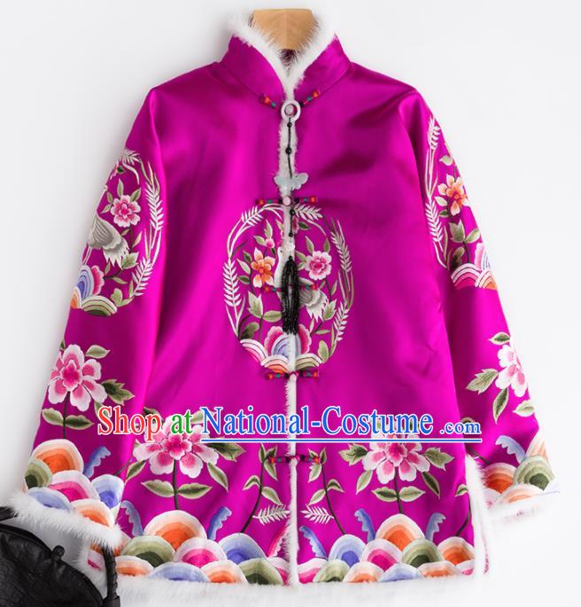 Chinese Traditional Costume National Tang Suit Rosy Cotton Padded Jacket Outer Garment for Women