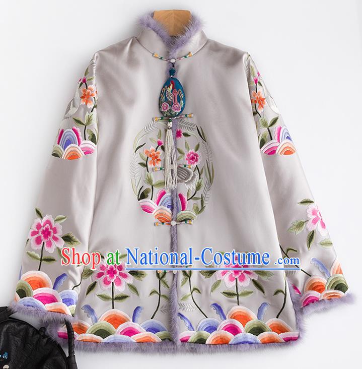 Chinese Traditional Costume National Tang Suit Grey Cotton Padded Jacket Outer Garment for Women