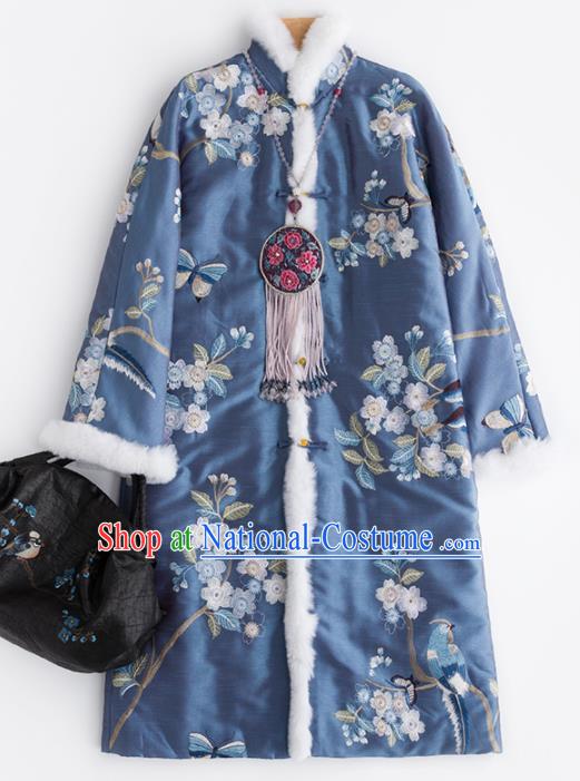 Chinese Traditional Embroidered Costume National Tang Suit Blue Cotton Padded Coat Outer Garment for Women