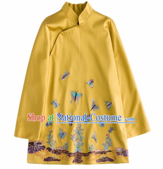 Chinese Traditional Costume National Tang Suit Embroidered Yellow Blouse Upper Outer Garment for Women