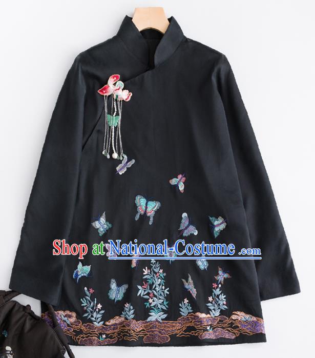 Chinese Traditional Costume National Tang Suit Embroidered Black Blouse Upper Outer Garment for Women