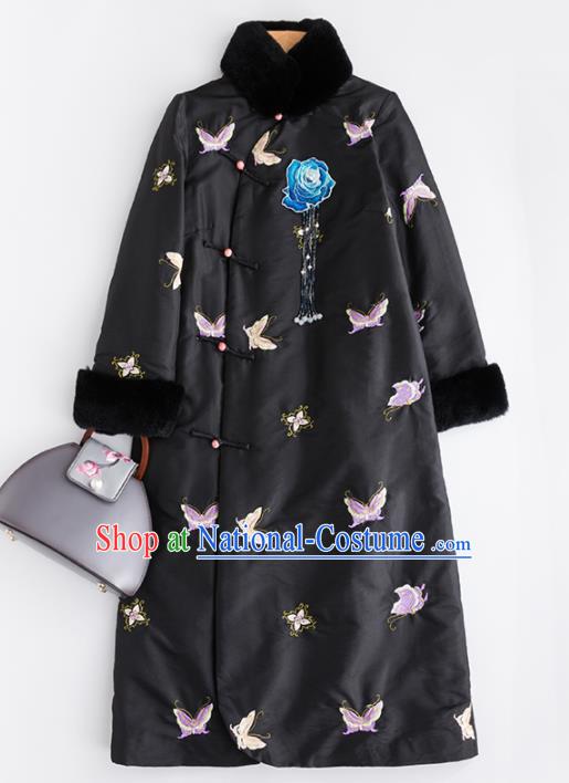 Chinese Traditional Costume National Tang Suit Embroidered Butterfly Black Coat Outer Garment for Women