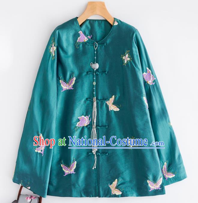 Chinese Traditional Costume National Tang Suit Shirts Embroidered Butterfly Green Blouse for Women