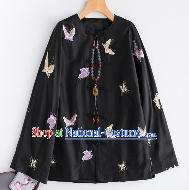 Chinese Traditional Costume National Tang Suit Shirts Embroidered Butterfly Black Blouse for Women