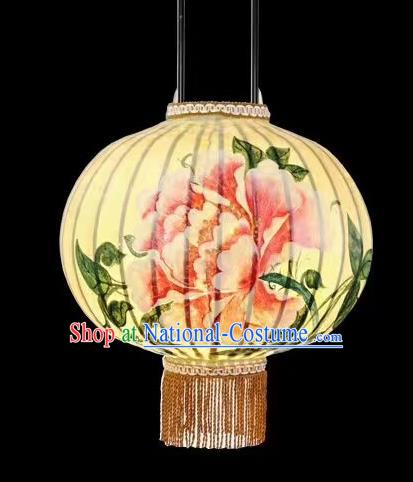 Chinese Traditional Ink Painting Peony Round Lantern Handmade New Year Palace Lanterns