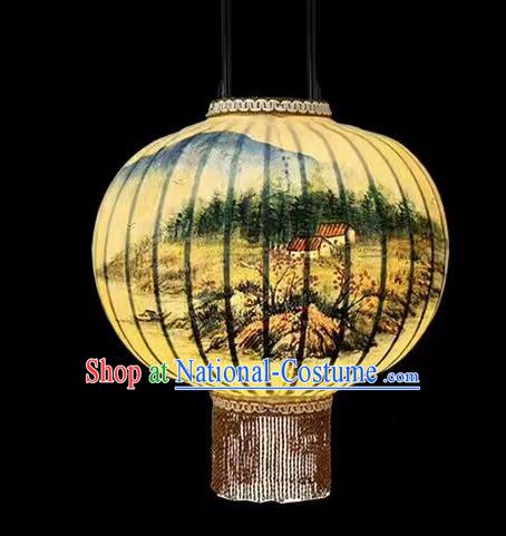 Chinese Traditional Ink Painting Landscape Round Lantern Handmade New Year Palace Lanterns