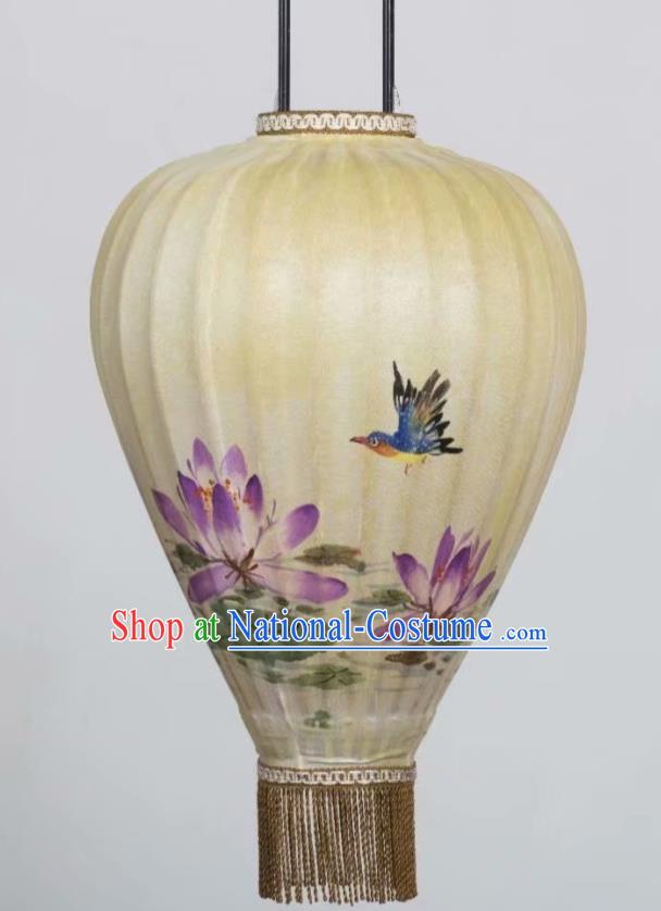 Chinese Traditional Ink Painting Lotus Hanging Lantern Handmade New Year Palace Lanterns