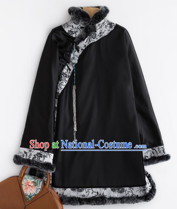 Chinese Traditional Costume National Tang Suit Black Jacket Embroidered Outer Garment for Women