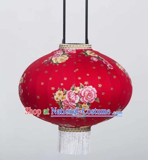 Chinese Traditional Printing Peony Flowers Red Hanging Lantern Handmade Craft New Year Palace Lanterns