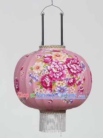 Chinese Traditional Printing Flowers Pink Hanging Lantern Handmade Craft New Year Palace Lanterns