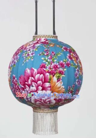 Chinese Traditional Printing Peony Blue Hanging Lantern Handmade Craft New Year Palace Lanterns