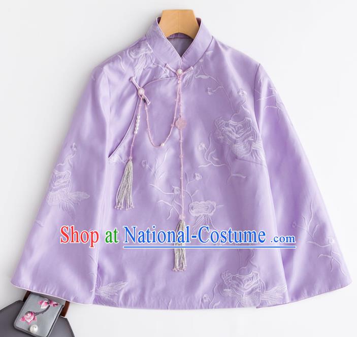 Chinese Traditional National Costume Tang Suit Outer Garment Embroidered Purple Blouse for Women