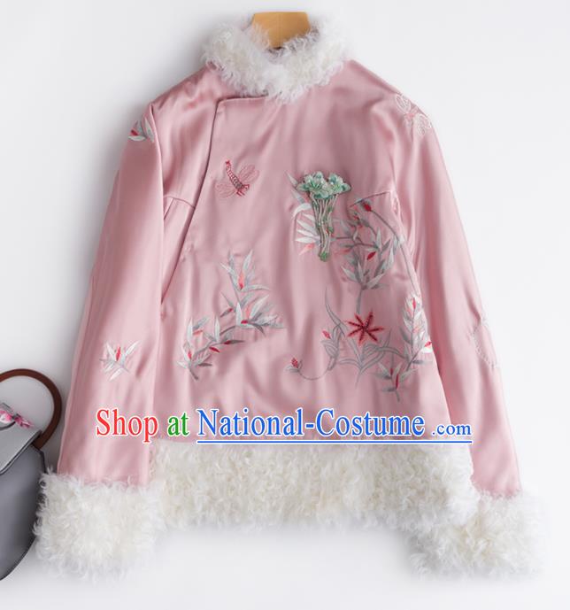 Chinese Traditional National Costume Tang Suit Outer Garment Embroidered Pink Short Coat for Women