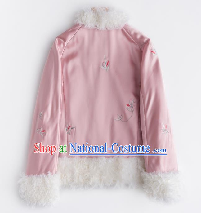 Chinese Traditional National Costume Tang Suit Outer Garment Embroidered Pink Short Coat for Women