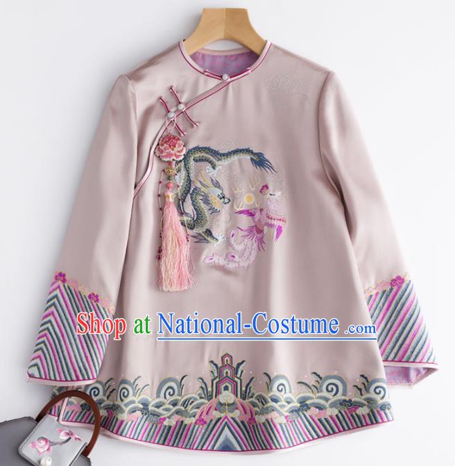 Chinese Traditional National Costume Tang Suit Upper Outer Garment Embroidered Pink Blouse for Women