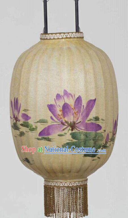 Chinese Traditional Ink Painting Purple Lotus Lantern Handmade New Year Palace Lanterns