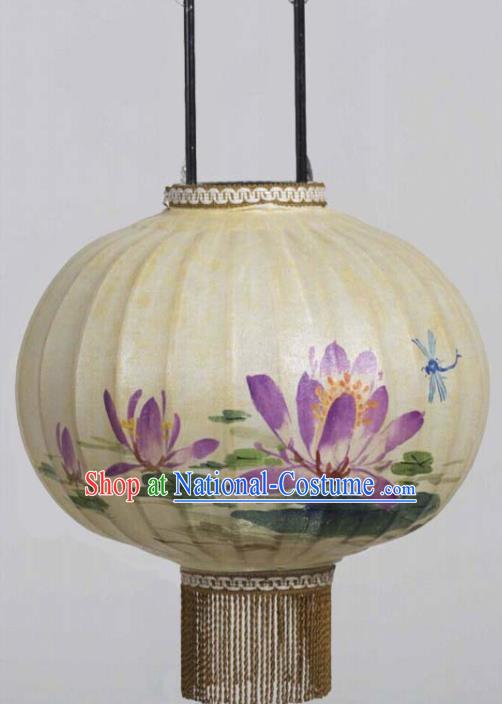 Chinese Traditional Ink Painting Purple Lotus Round Lantern Handmade New Year Palace Lanterns