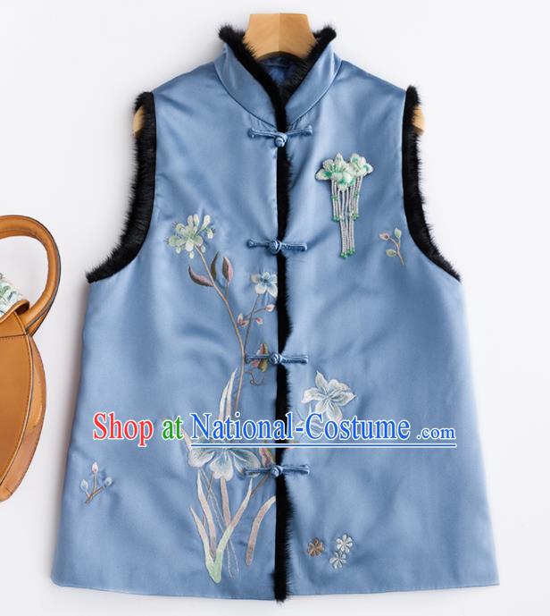 Traditional Chinese National Costume Blue Vest Tang Suit Waistcoat for Women