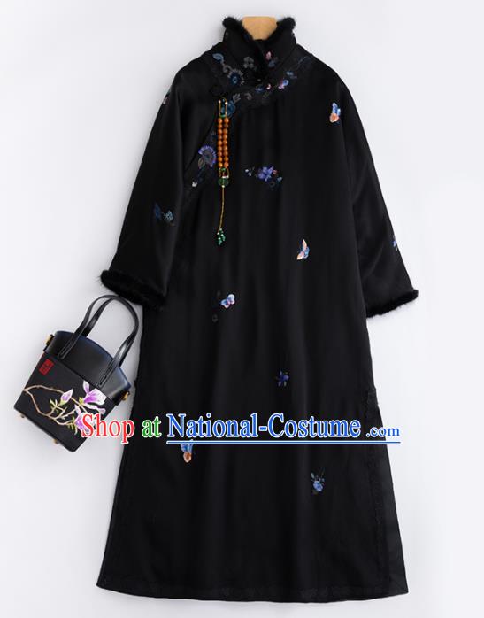 Chinese Traditional Costume National Tang Suit Black Cotton Padded Coat Outer Garment for Women