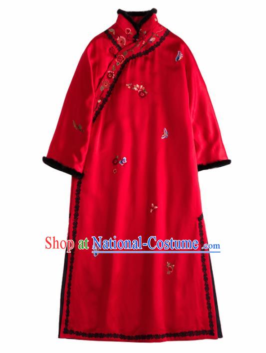 Chinese Traditional Costume National Tang Suit Red Cotton Padded Coat Outer Garment for Women