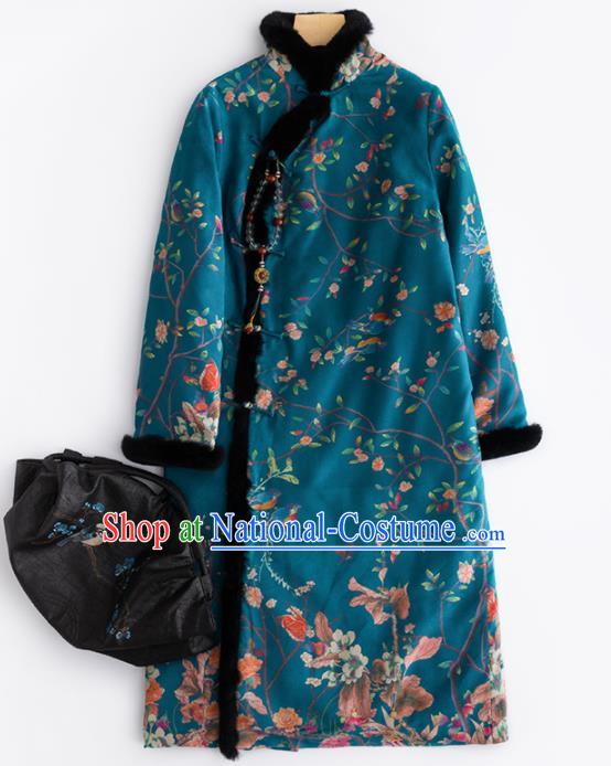 Chinese Traditional Costume National Tang Suit Embroidered Blue Cotton Padded Coat for Women