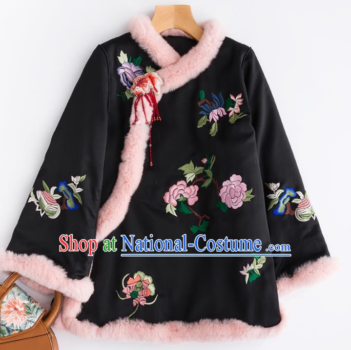 Chinese Traditional Costume National Tang Suit Embroidered Peony Black Cotton Padded Jacket for Women