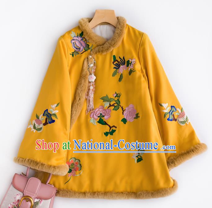 Chinese Traditional Costume National Tang Suit Embroidered Peony Yellow Cotton Padded Jacket for Women