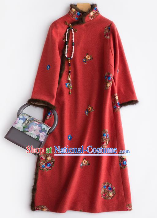 Chinese Traditional National Costume Tang Suit Cheongsam Red Wool Embroidered Qipao Dress for Women