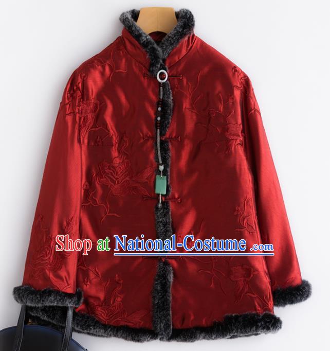 Chinese Traditional National Costume Tang Suit Embroidered Red Cotton Padded Jacket for Women