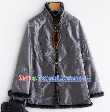 Chinese Traditional National Costume Tang Suit Embroidered Grey Cotton Padded Jacket for Women