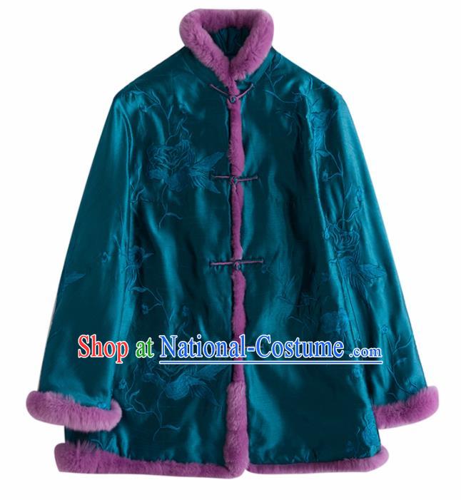 Chinese Traditional National Costume Tang Suit Embroidered Blue Cotton Padded Jacket for Women