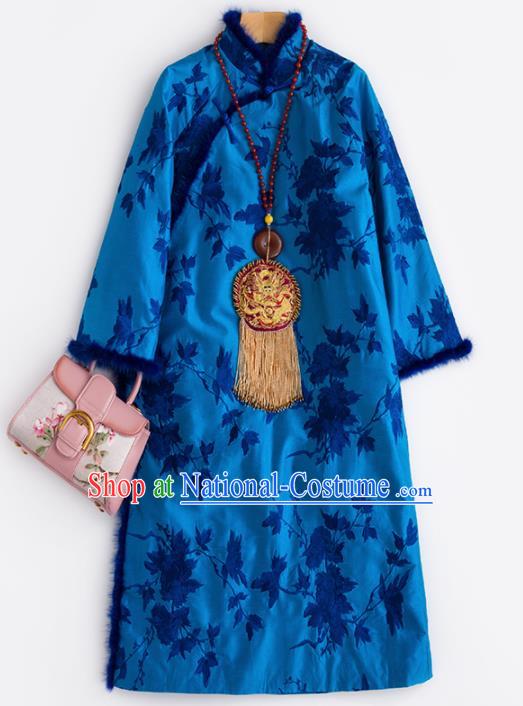 Chinese Traditional National Costume Tang Suit Cheongsam Winter Royalblue Qipao Dress for Women