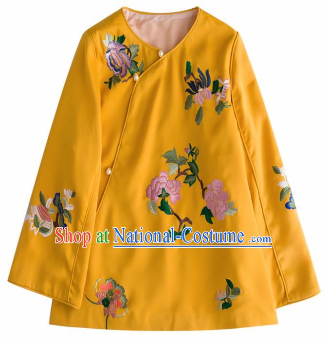 Chinese Traditional National Costume Tang Suit Upper Outer Garment Embroidered Peony Yellow Blouse for Women