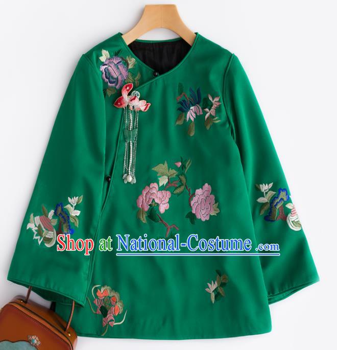 Chinese Traditional National Costume Tang Suit Upper Outer Garment Embroidered Peony Green Blouse for Women