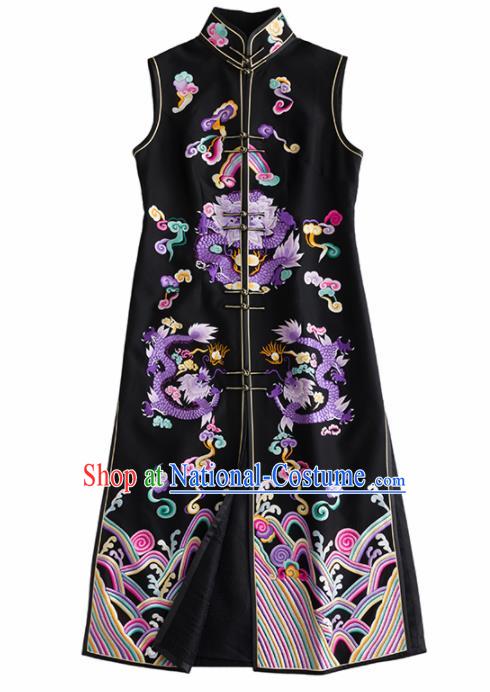 Chinese Traditional National Costume Tang Suit Cheongsam Embroidered Black Qipao Dress for Women