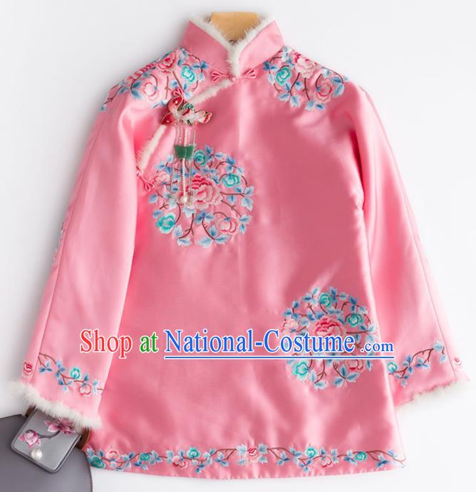 Chinese Traditional National Costume Tang Suit Upper Outer Garment Embroidered Peony Pink Blouse for Women