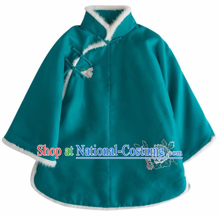 Chinese Traditional National Costume Tang Suit Upper Outer Garment Embroidered Green Shirts for Women