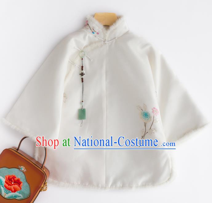 Chinese Traditional National Costume Tang Suit Upper Outer Garment Embroidered White Shirts for Women