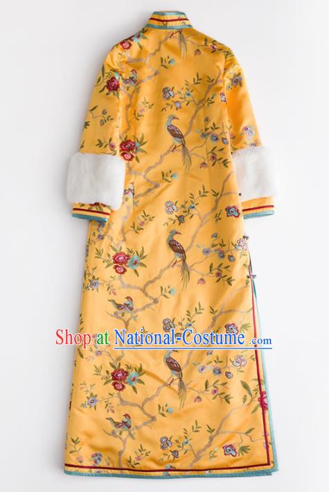 Chinese Traditional National Costume Cheongsam Ancient Qing Dynasty Embroidered Yellow Qipao Dress for Women