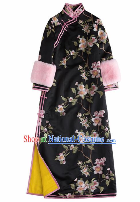 Chinese Traditional National Costume Cheongsam Ancient Qing Dynasty Embroidered Black Qipao Dress for Women