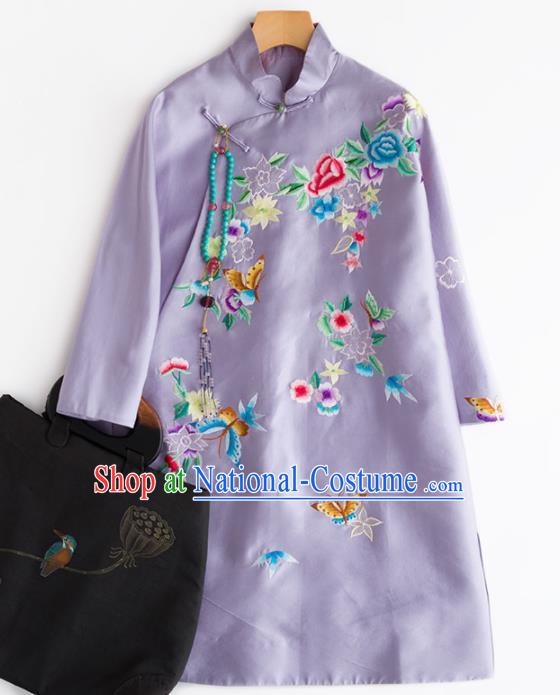 Chinese Traditional National Costume Tang Suit Embroidered Light Purple Coat for Women